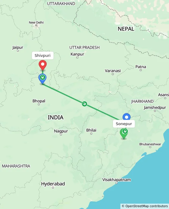 Route map showing distance and travel time from Sonepur, India to Shivpuri, India