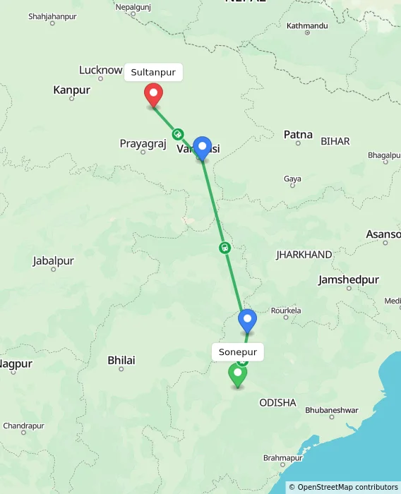 Route map showing distance and travel time from Sonepur, India to Sultanpur, India