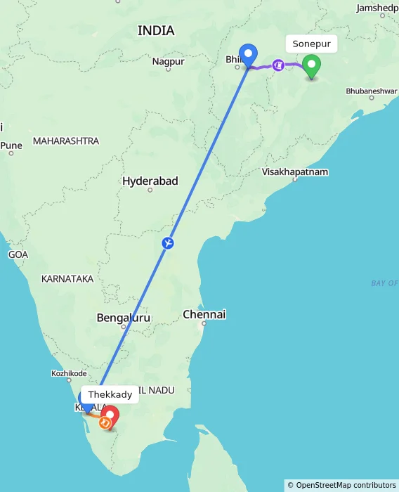Route map showing distance and travel time from Sonepur, India to Thekkady, India