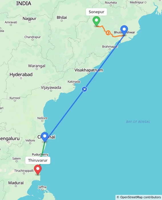Route map showing distance and travel time from Sonepur, India to Thiruvarur, India