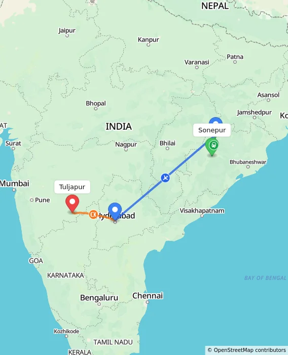 Route map showing distance and travel time from Sonepur, India to Tuljapur, India