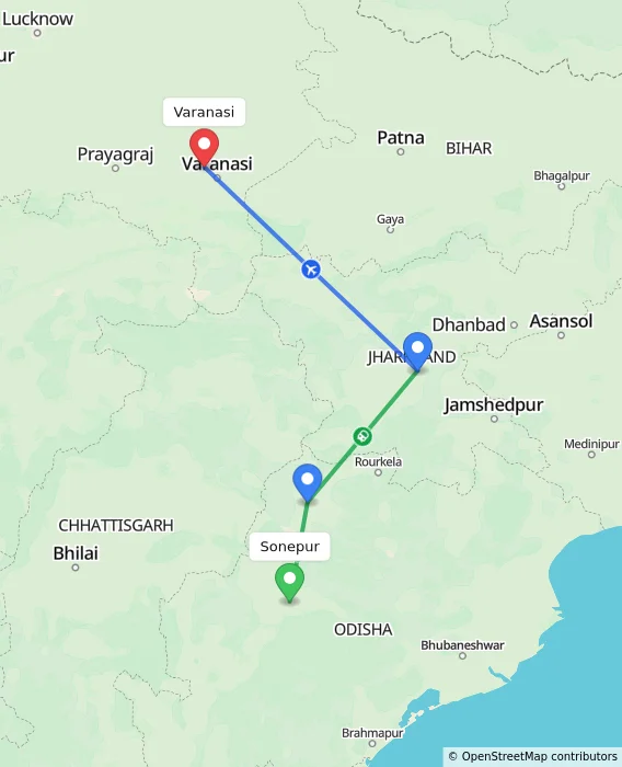 Route map showing distance and travel time from Sonepur, India to Varanasi, India