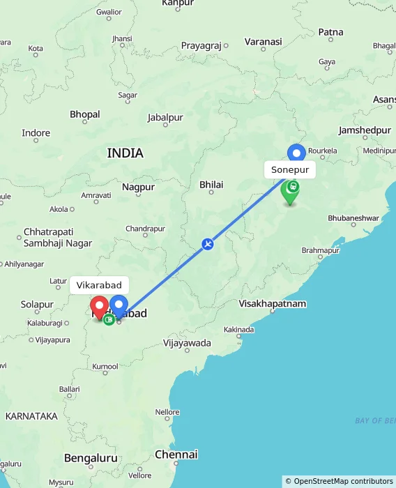 Route map showing distance and travel time from Sonepur, India to Vikarabad, India