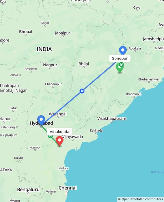 Route map showing distance and travel time from Sonepur, India to Vinukonda, India