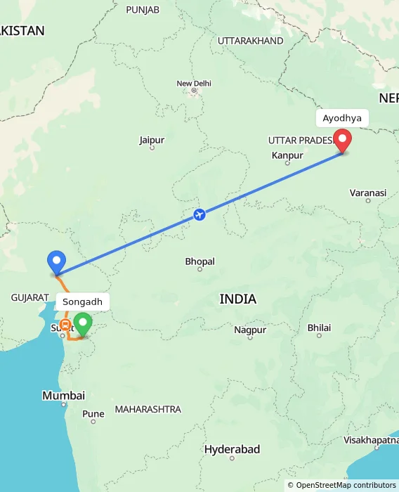 Route map showing distance and travel time from Songadh, India to Ayodhya, India