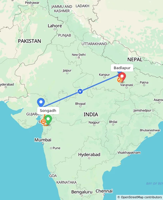 Route map showing distance and travel time from Songadh, India to Badlapur, India