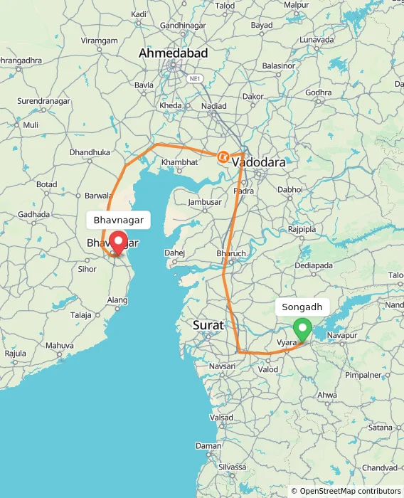 Route map showing distance and travel time from Songadh, India to Bhavnagar, India