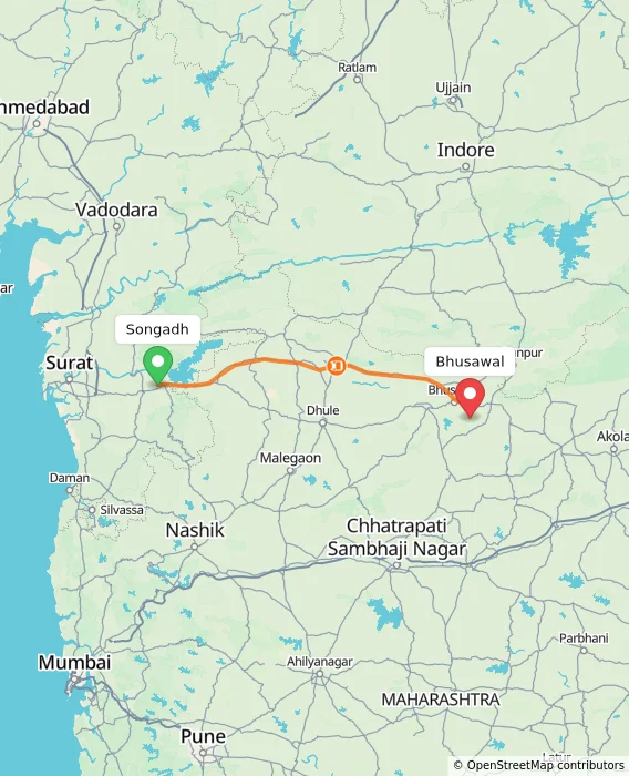 Route map showing distance and travel time from Songadh, India to Bhusawal, India