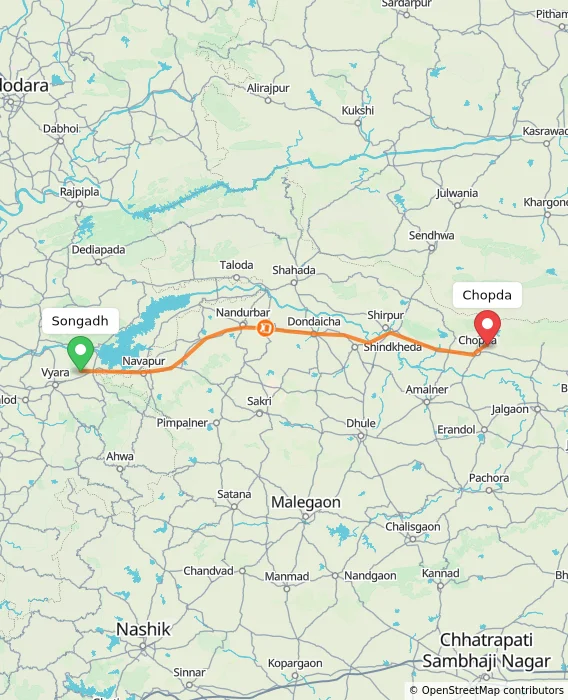 Route map showing distance and travel time from Songadh, India to Chopda, India