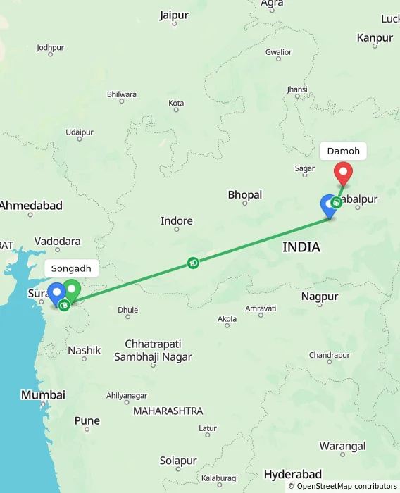 Route map showing distance and travel time from Songadh, India to Damoh, India