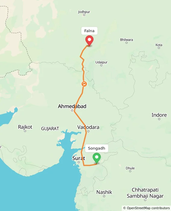 Route map showing distance and travel time from Songadh, India to Falna, India