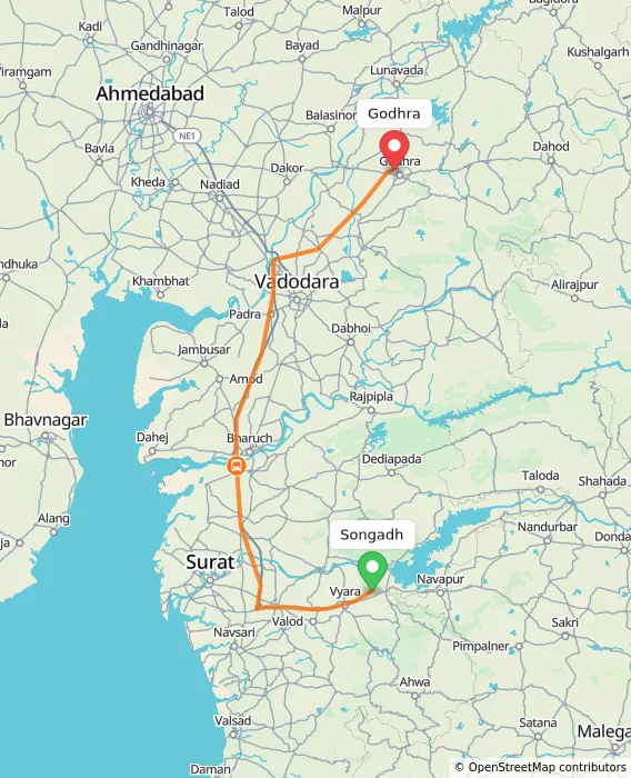 Route map showing distance and travel time from Songadh, India to Godhra, India