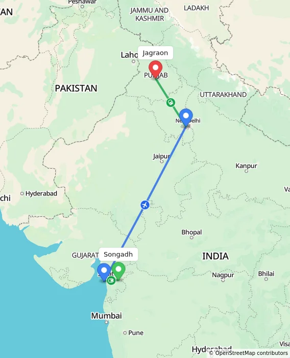 Route map showing distance and travel time from Songadh, India to Jagraon, India