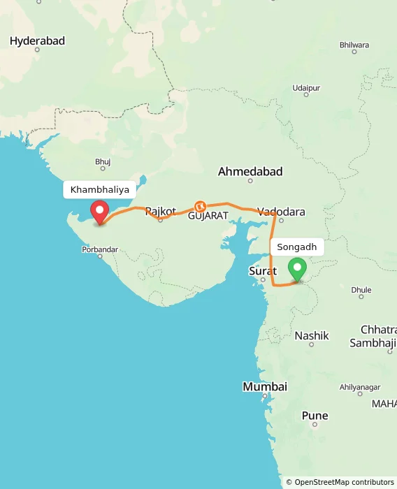 Route map showing distance and travel time from Songadh, India to Khambhaliya, India