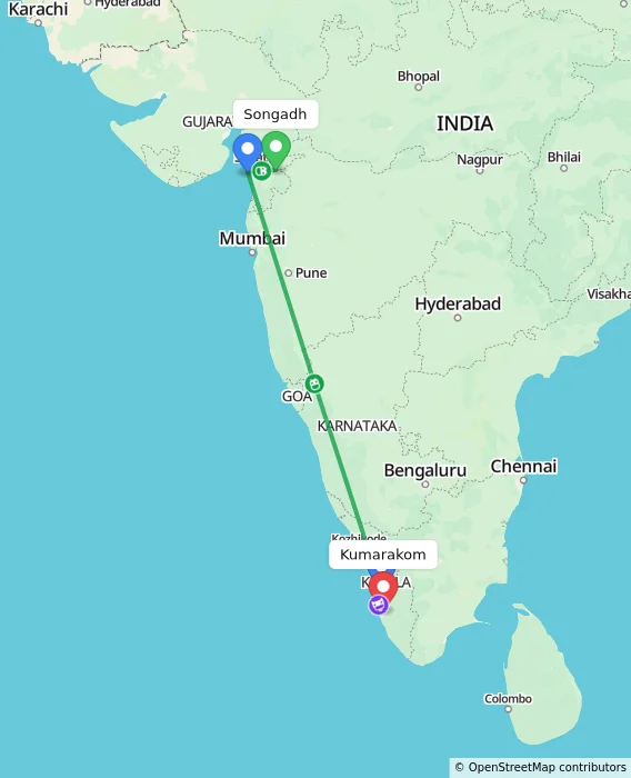Route map showing distance and travel time from Songadh, India to Kumarakom, India