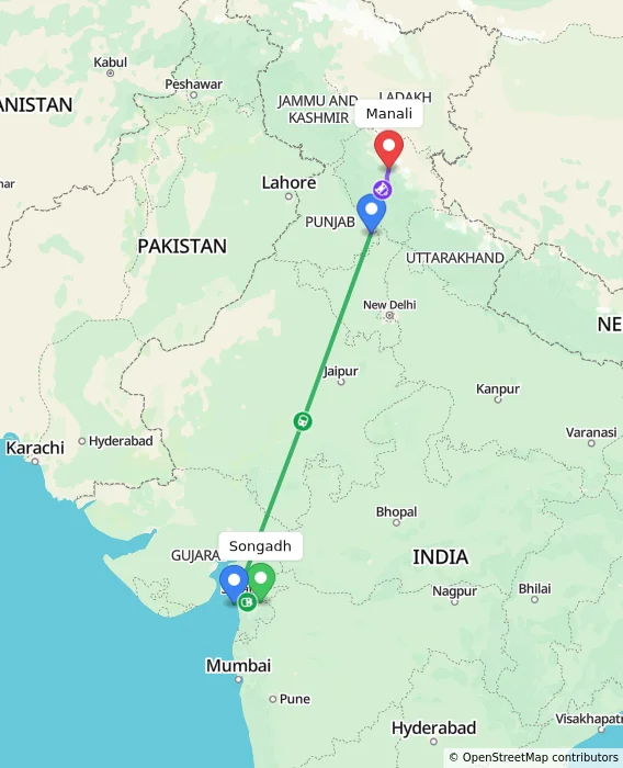 Route map showing distance and travel time from Songadh, India to Manali, India