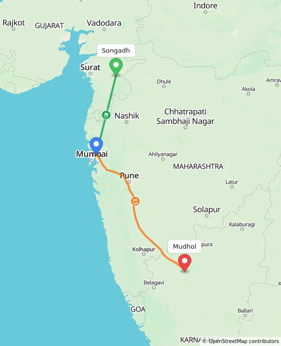 Route map showing distance and travel time from Songadh, India to Mudhol, India