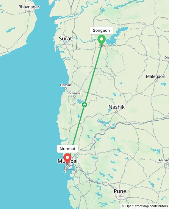 Route map showing distance and travel time from Songadh, India to Mumbai, India