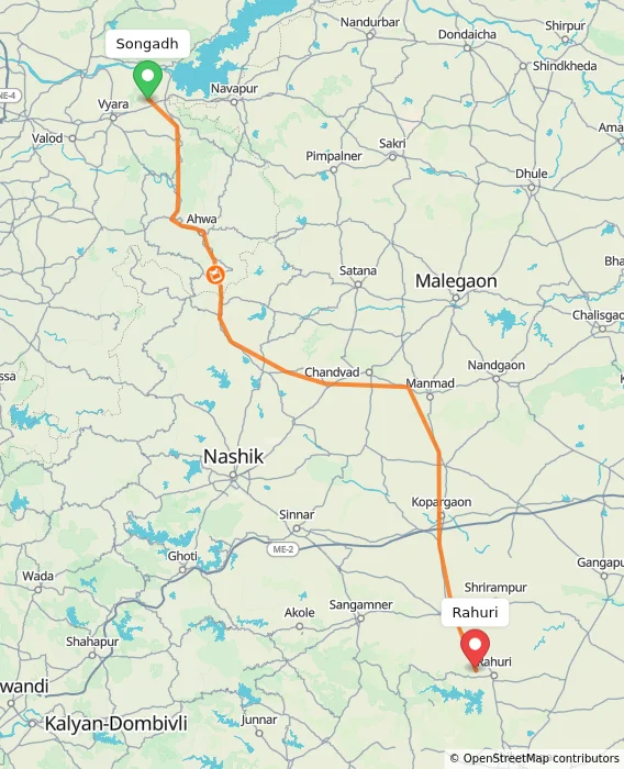 Route map showing distance and travel time from Songadh, India to Rahuri, India