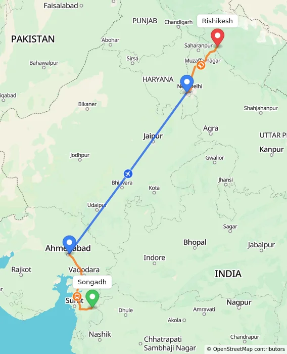 Route map showing distance and travel time from Songadh, India to Rishikesh, India