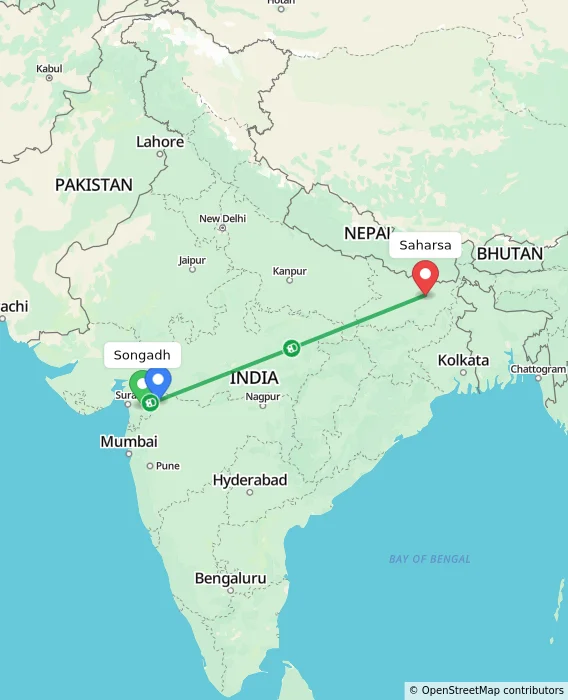 Route map showing distance and travel time from Songadh, India to Saharsa, India