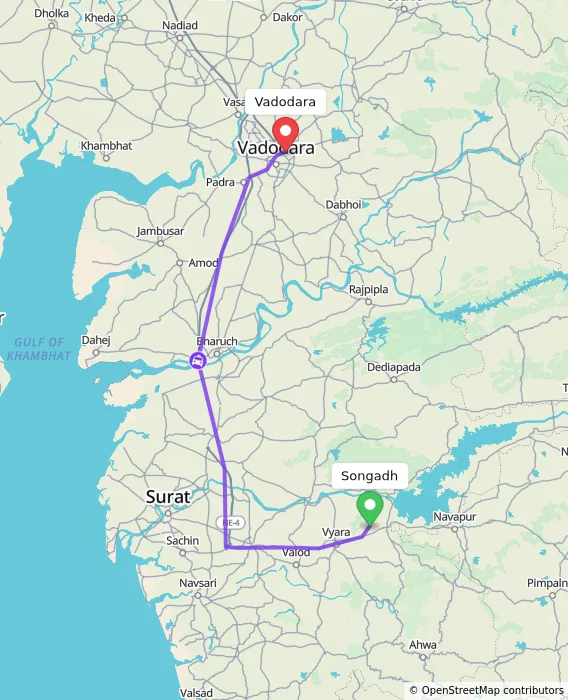 Route map showing distance and travel time from Songadh, India to Vadodara, India