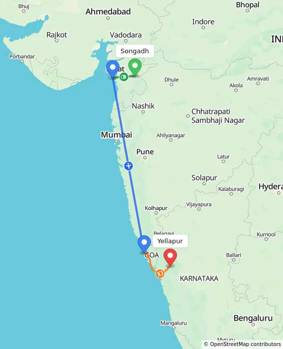 Route map showing distance and travel time from Songadh, India to Yellapur, India
