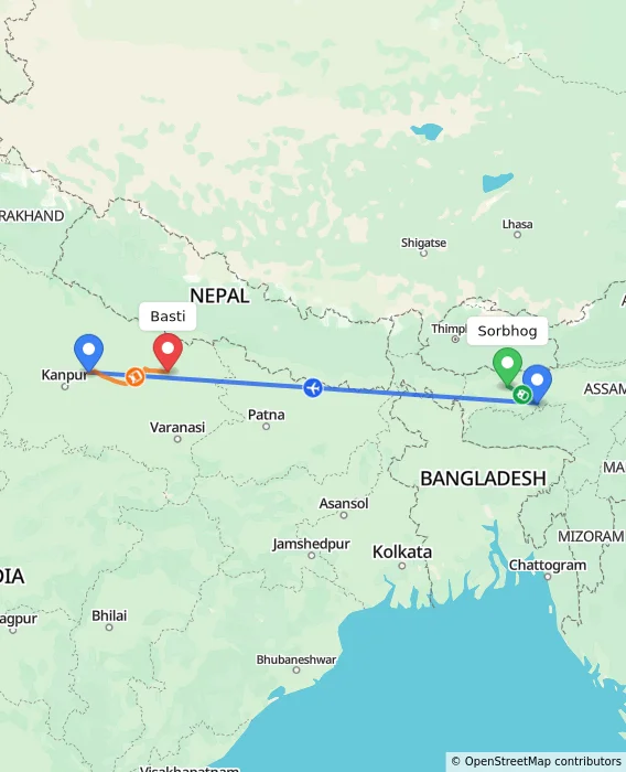 Route map showing distance and travel time from Sorbhog, India to Basti, India