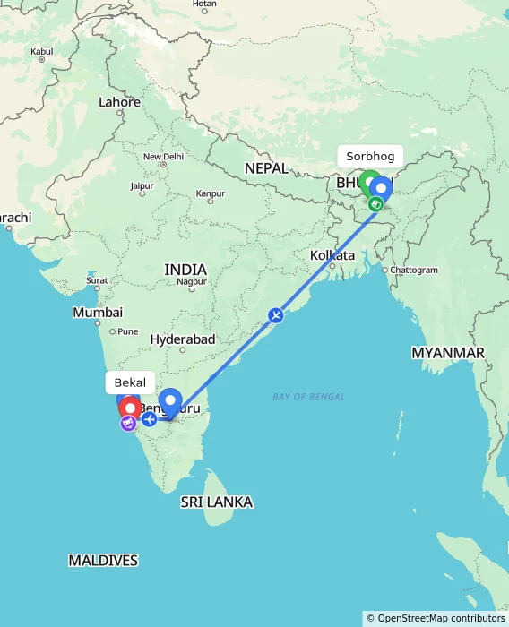 Route map showing distance and travel time from Sorbhog, India to Bekal, India