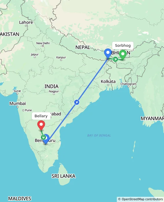 Route map showing distance and travel time from Sorbhog, India to Bellary, India