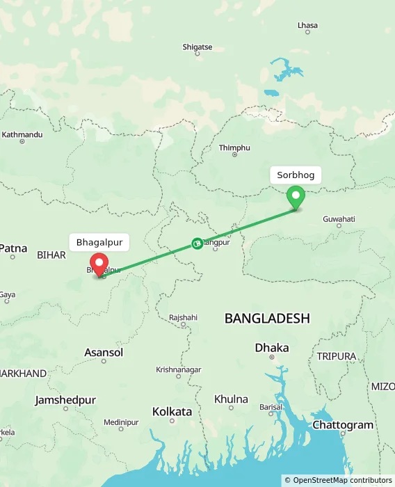 Route map showing distance and travel time from Sorbhog, India to Bhagalpur, India