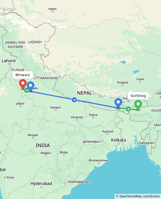 Route map showing distance and travel time from Sorbhog, India to Bhiwani, India