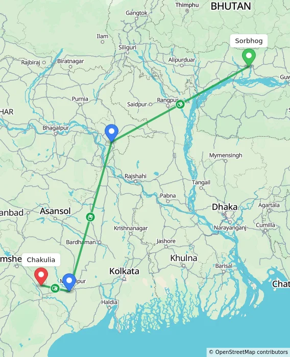 Route map showing distance and travel time from Sorbhog, India to Chakulia, India
