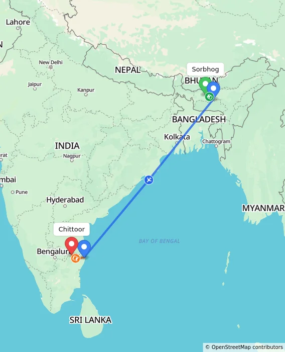 Route map showing distance and travel time from Sorbhog, India to Chittoor, India