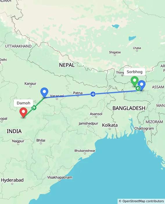 Route map showing distance and travel time from Sorbhog, India to Damoh, India