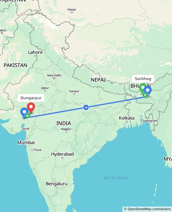 Route map showing distance and travel time from Sorbhog, India to Dungarpur, India