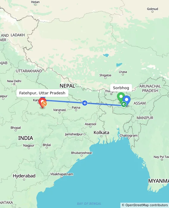 Route map showing distance and travel time from Sorbhog, India to Fatehpur, Uttar Pradesh, India