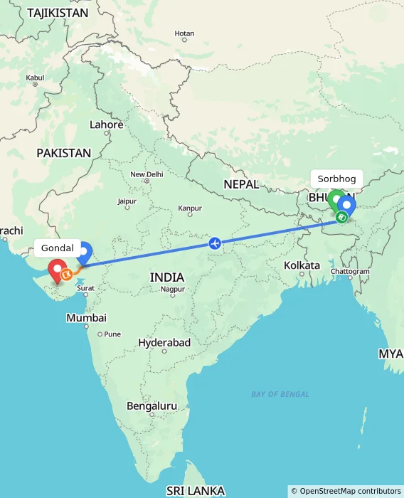 Route map showing distance and travel time from Sorbhog, India to Gondal, India
