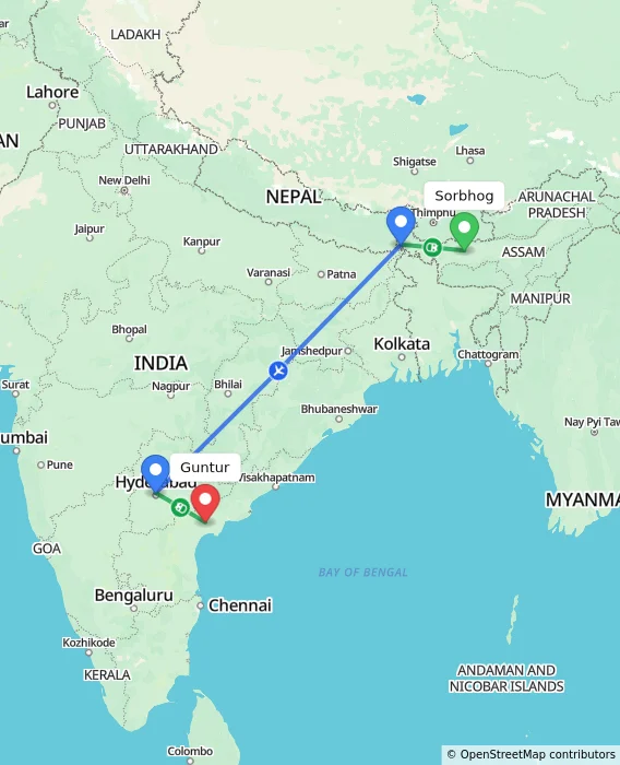 Route map showing distance and travel time from Sorbhog, India to Guntur, India
