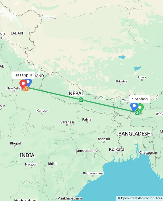 Route map showing distance and travel time from Sorbhog, India to Hasanpur, India