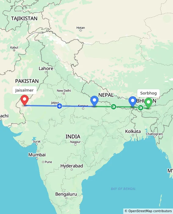 Route map showing distance and travel time from Sorbhog, India to Jaisalmer, India