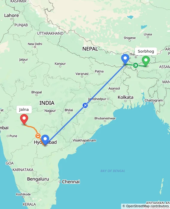 Route map showing distance and travel time from Sorbhog, India to Jalna, India