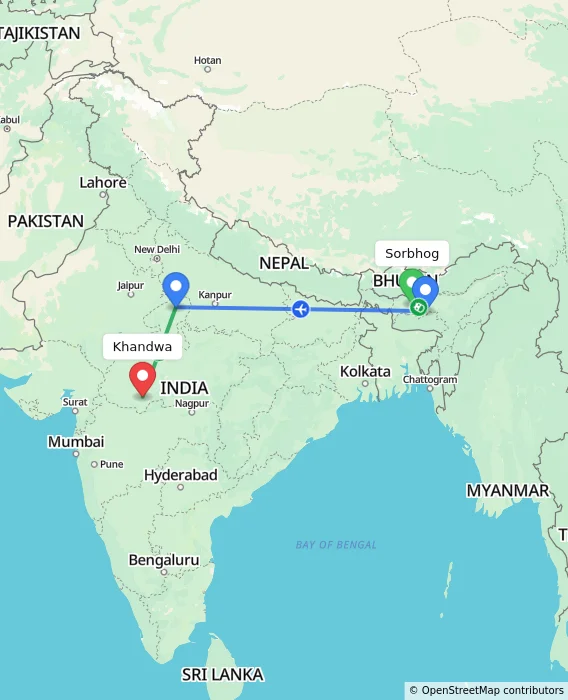 Route map showing distance and travel time from Sorbhog, India to Khandwa, India