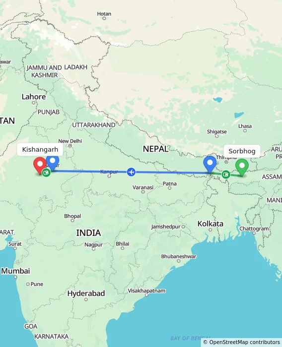 Route map showing distance and travel time from Sorbhog, India to Kishangarh, India