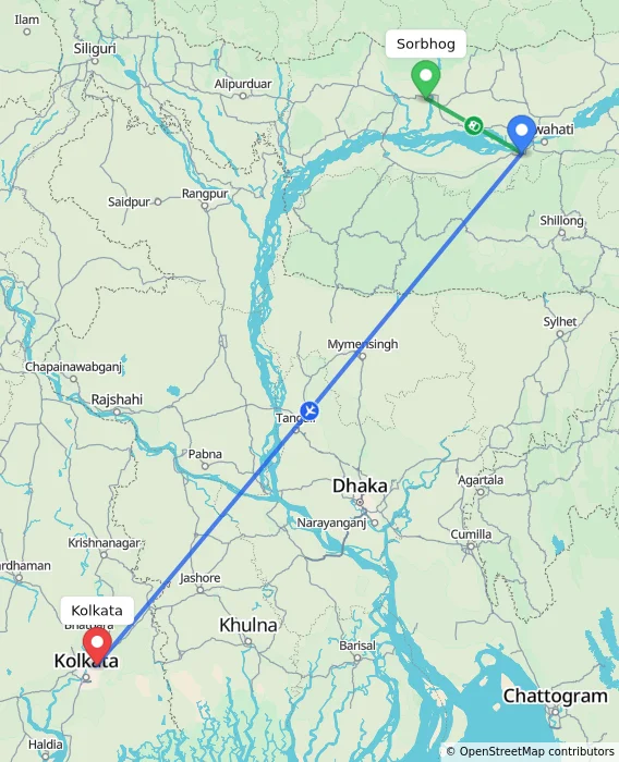 Route map showing distance and travel time from Sorbhog, India to Kolkata, India