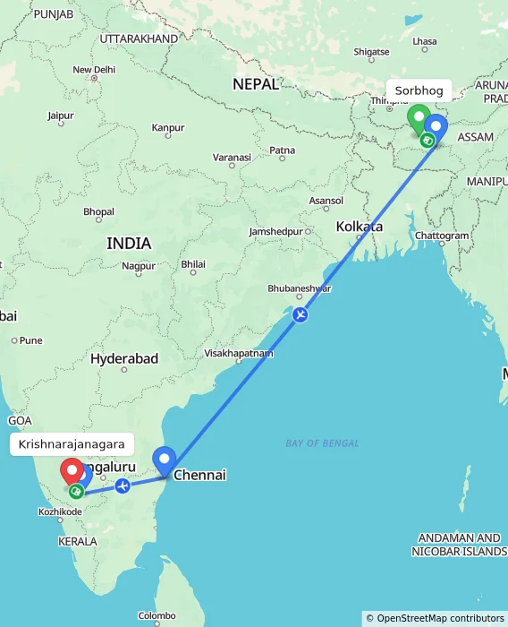 Route map showing distance and travel time from Sorbhog, India to Krishnarajanagara, India