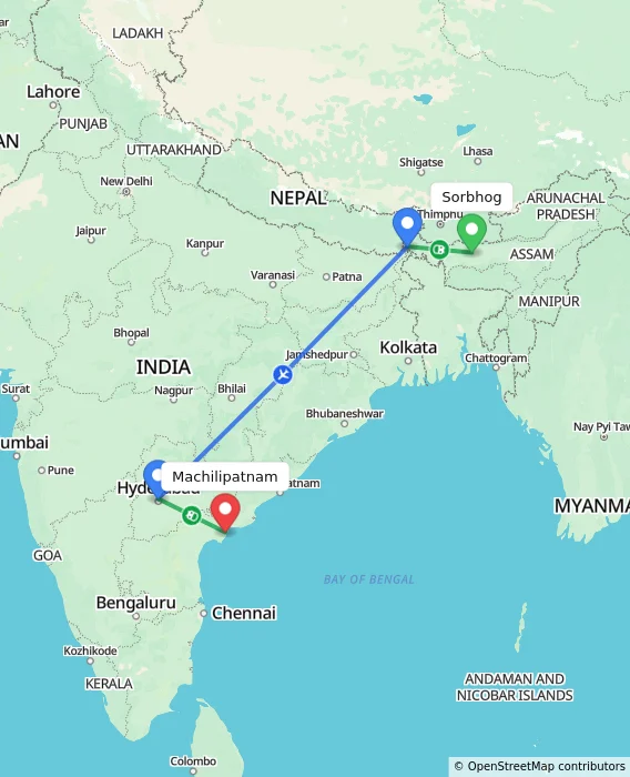 Route map showing distance and travel time from Sorbhog, India to Machilipatnam, India