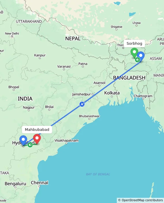 Route map showing distance and travel time from Sorbhog, India to Mahbubabad, India