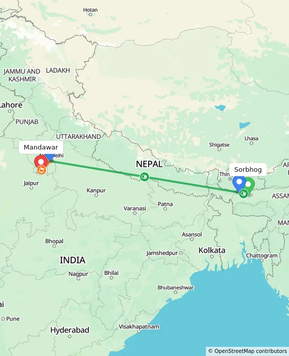 Route map showing distance and travel time from Sorbhog, India to Mandawar, India