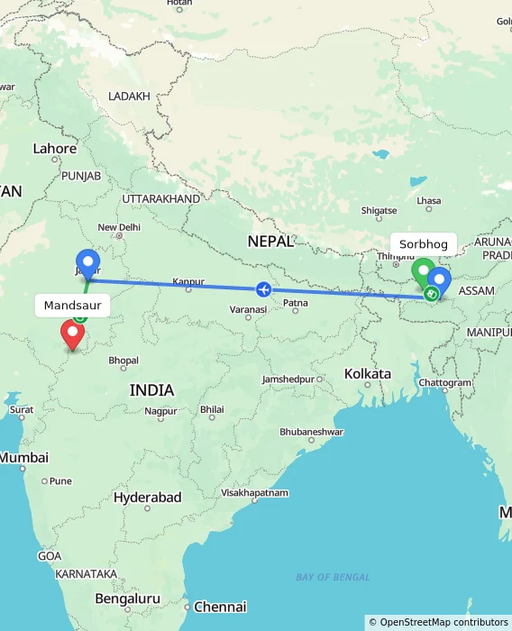 Route map showing distance and travel time from Sorbhog, India to Mandsaur, India